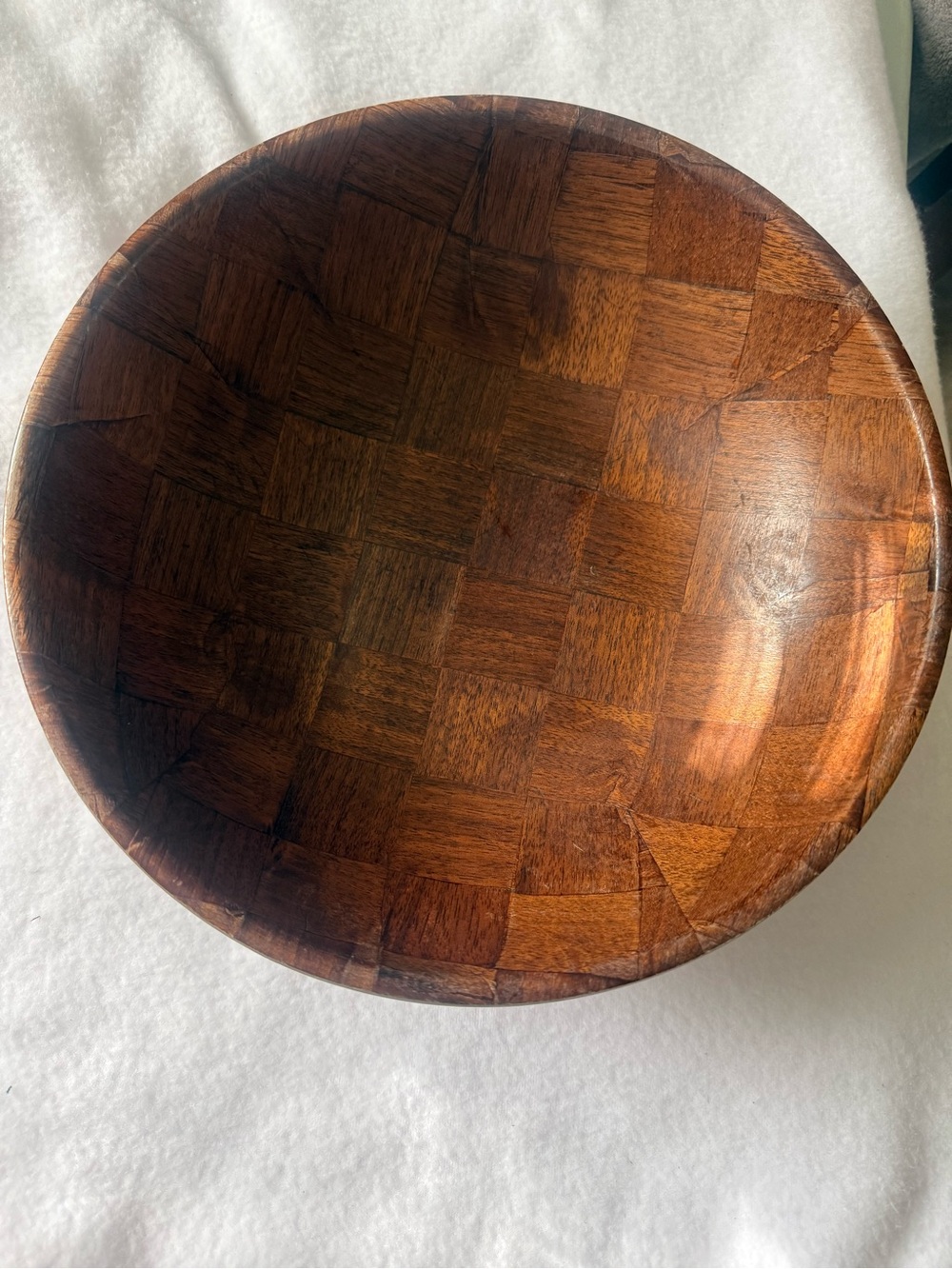 Handcrafted Wooden Serving Bowl - Rich Brown Checkered Pattern